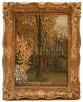 Olvashatatlan jelzéssel: Hűvösvölgyi kert, olaj, fa, díszes keretben, 23×17 cm