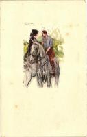 Italian art postcard, couple on horse, Anna & Gasparini 395M-1. s: Mauzan, Olasz művészi képeslap, szerelmespár lovon, Anna & Gasparini 395M-1. s: Mauzan