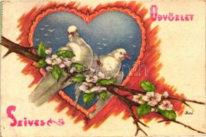 Greeting card, pigeons, heart