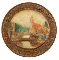 Antik, fajansz, fali dísztányér, formába nyomott, kézzel festett, kisebb kopásnyomokkal, d:36cm