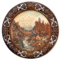 Antik, fajansz, fali dísztányér, formába nyomott, kézzel festett, kisebb kopásnyomokkal, d:33cm