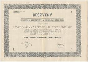 1941. "A Jegyző-Árvaházi Kereskedelmi Részvénytársaság" részvénye 16P-ről szelvényekkel T:II-