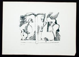 Császár Attila (1951-2002): Pegazus érkezése. Szitanyomat, papír, jelzett, gyűrött, 30×39 cm