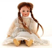 Germany 390, 410, antik, festett, porcelán fejű baba, fából készült mozgatható végtagokkal, 38cm
