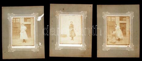 1913 Az Urak és parasztok című színdarab 3 jelenete, Arnótfalvy Relly ajánlásával és feliratozásával, kartonra kasírozva, fotó 8x10,5 cm, karton 20x16 cm