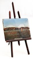 Balatonfüred látképe 1900 körül gőzhajóval, kisméretű festőállványon elhelyezve, képméret 8,5x11 cm, állvány 20x8 cm