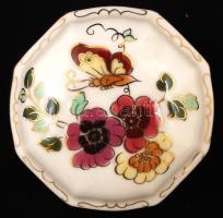Zsolnay kézzel festett pillangós virágmintás, nyolcszögletű ékszertartó doboz, hibátlan, jelzett, / ...