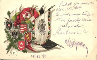 Hungarian-Austrian-German-Turkish association, flags, litho