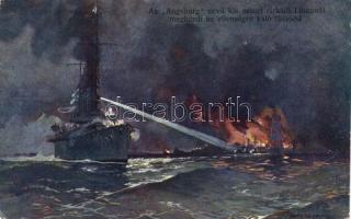 Az Augsburg kis német cirkáló Libaunál megkezdi az ellenségre való tüzelést / cruiser, battle of Libau, artist signed (EB)