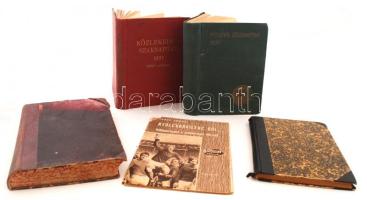 1893-1966 Vegyes nyomtatvány tétel: 1893 Budapesti Szemle. Szerk.: Gyulai Pál. 73. köt. Bp., 1893, Franklin. Kopott vászonkötésben, egyébként jó állapotban.; Irodalmi tájékoztató. Válogatott magyar könyvek jegyzéke, V. évfolyam. Bp., 1927, Révai. Félvászon kötésben, jó állapotban.; Közlekedési szaknaptár az 1931. évre. Szerk.: Kovács József. 35. évf. Aranyozott vászonkötésben, jó állapotban.; Postás szaknaptár az 1939. évre. Szerk.: Kovács József. Bp., Főposta. Kopott vászonkötésben, egyébként jó állapotban.; Tabák Endre: Nyolcvankilenc gól... Villámriport a labdarúgó VB-ről. Ismertető füzet az 1966. évi futball-világbajnokságról, sok képpel, helyszíni beszámolókkal.
