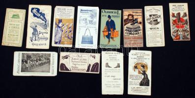 XX. század eleje, reklám számoló cédulák: Cipőüzlet, bőráruk, kalapost reklámozó cédulák, vegyes minőségben, 12db / counting slip