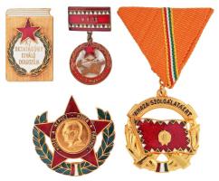 ~1960-1970. "Hűség a Néphez - Hűség a Párthoz" zománcozott fém jelvény + "Az Oktatásügy Kiváló Dolgozója" zománcozott fém jelvény + "MHSZ Kiváló Munkáért zománcozott fém kitüntetés tokban + "A Haza Szolgálatáért" arany fokozat, aranyozott zománcozott kitüntetés mellszalagon T:1-,2