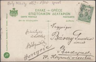 Bély Mihály(1863-1920) vívó, testnevelési szakfelügyelő, az Országos Testnevelési Tanács előadó tanácsosának üdvözlő sorai és aláírása az 1906-os athéni olimpiáról hazaküldött képeslapon, rajta a stadion képével Bárczi Gusztáv(1890-1964)orvosnak címezve