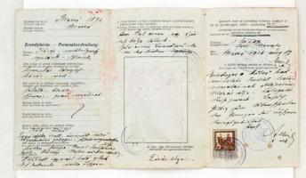 1916 Kitöltött igazolójegy a belső hadműveleti terület határvonalainak átlépésére, 2 kr. okmánybélye...