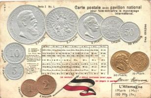 German coins, flag, silver and golden decoration Emb. litho (EB)