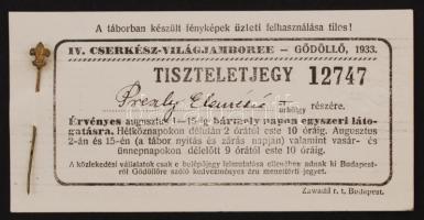 1933 Gödöllő, Cserkész tiszteletjegy a IV. Cserkész-Világjamboree-ra kis kitűzővel Preszly Elemérné (Preszly Elemér ügyvéd, államtitkár) nevére kiállítva