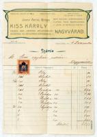 1904 Nagyvárad, Kiss Károly fűszer-, bor-, csemege-, déligyümölcs-, ásványvíz- és anyagáruk kereskedése díszes fejléces számlája, 2 f. okmánybélyeggel