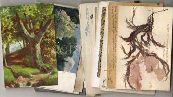 Érdekes vegyes képeslaptétel, főleg motívumok, benne propaganda, művész, zene,  valódi alga felragasztásával készült lap és egyéb érdekességek