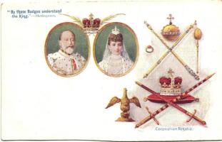 By these Badges understand the King; Edward VII and Alexandra of Denmark, Coronation Regalia; Edward VII Coronation Souvenir Postcards (cut)