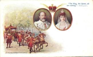 The King theQueen, all are coming; Edward VII and Alexandra of Denmark, on the way to Westminster Abbey; Edward VII Coronation Souvenir Postcards (cut)