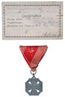 Osztrák-Magyar Monarchia 1916. "Károly-Csapatkereszt" cink kitüntetés mellszalaggal, a kitüntetés viselésére feljogosító igazolvánnyal T:2 Austro-Hungarian Monarchy 1916. "Karl Troop Cross" zinc decoration with ribbon and certificate C:XF NMK 295.