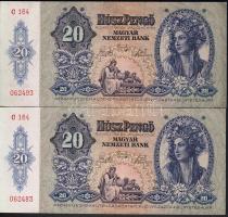 1941. 20P (2x) kevés ugrású egymásutáni sorszámokkal, egyikben nyomdai kék festékfoltok T:I