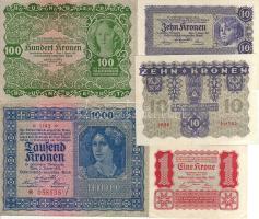 Ausztria/Osztrák-Magyar Bank kiadása 1922. 1K, 10K (2x) kevés ugrású sorszámokkal!, 100K, 1000K T:I,I-