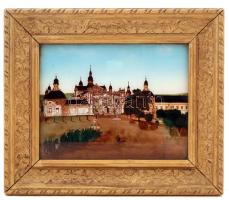 Kegytemplom, előtte zarándokok menete, üvegfestmény gyöngyház berakással "P. F" 1906 szignóval 315x265mm