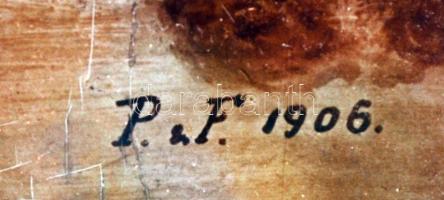 Kegytemplom, előtte zarándokok menete, üvegfestmény gyöngyház berakással "P. F" 1906 szign...