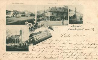 1898 Zsombolya, Gróf Csekonits kastély, Recktenwald üzlet, Flórián szobor, Vendégfogadó, Templom plébánia, kiadja Recktenwald / castle, shop, statue, restaurant, church floral (EK)