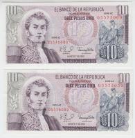 Kolumbia 1980. 10P (2x) hajtatlan T:I- hajtatlan Colombia 1980. 10 Pesos Oro (2x) sequential serials C:UNC