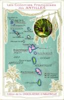Les Colonies Francaises des Antilles / map, information on the backside; Edition de la Chocolaterie DAigu litho (non PC)