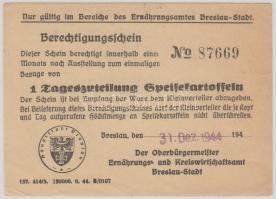 Német 3. Birodalom / Szilézia / Boroszló 1944. Burgonya étkezési utalvány T:II- German Third Reich / Silesia / Breslau 1944. Potato ticket C:VF