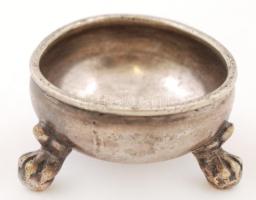 Ezüstözött fűszertartó, üvegbetét nélkül, jelzett, horpadt, m:2,5 cm, d:4,5 cm