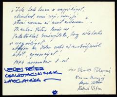 1974 Özv Veres Péterné Kossuth díjas író özvegyének 9 soros beírása, aláírása emléklapon, családtagjainak, köztük (Nádasdi) Veres Péter híres újságírónak aláírásával