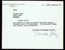 1969 Dr Gunda Béla Herder-díjas néprajztudós egyetemi professzor saját kézzel aláírt levele