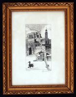 Agnes Miski T. (1949-): Város részlet. Rézkarc, papír, jelzett, üvegezett keretben, 10,5×6 cm