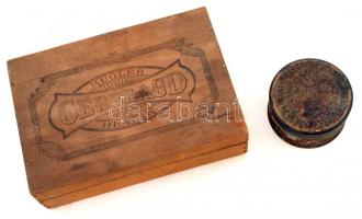 Régi Kugler Henrik Gerbeaud fa dobozka / Vintage Gerbeaud wooden box, 19x13x6 cm; régi fém Kugler-Gerbaud kör alakú dobozka, megviselt állapotban, d: 8 cm, m: 4 cm