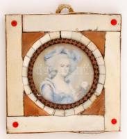 Jelzés nélkül: kézzel festett női porté,elefánt csont, miniatűr, antik keretben,  90x95mm