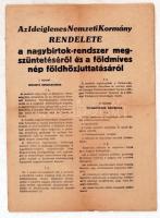 1945 Az Ideiglenes Nemzeti Kormány rendelete a nagybirtokrendszer megszüntetéséről és a földműves né...