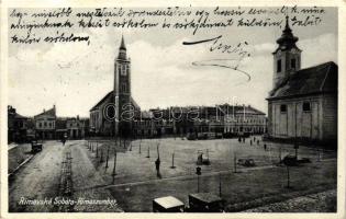 Rimaszombat, Fő tér, templom, Braun üzlete / square, church, shops, automobile (EB)