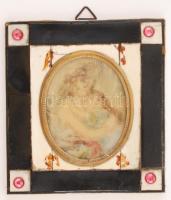 Jelzés nélkül: kézzel festett női porté,elefánt csont, miniatűr, antik keretben,  95x105mm