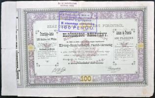 Kőszeg 1883. "Kőszeg-Szombathelyivasút-társaság" elsőbbségi részvénye felülbélyegzéssel, szelvényekkel T:III-
