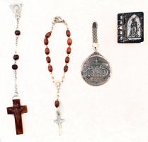 Rózsafüzértartó fém dobozka, benne tízszemes füzérrel, II. János Pál pápát ábrázoló kulcstartó, rózsafüzér kereszt