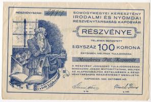 1920. "Somogymegyei Keresztény Irodalmi és Nyomdai Részvénytársaság Kaposvár" dekoratív részvénye 100K értékben szelvényekkel