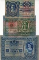 1902. 1000K T:II+ + 1912. 100K T:II+ + 1913. 20K II.kiadás T:II+ parányi szakadással. Mindegyik csak...