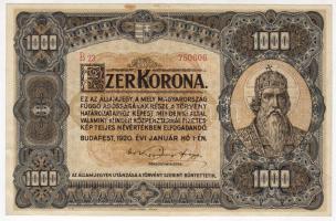 1920. 1000K T:II- Csak egyszer hajtva, felül pici beszakadás, hiány nincs!