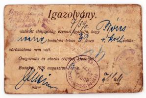 1919 Budafok, Névre szóló önigazolás és utazás céljából kiadott igazolvány arról, hogy fent nevezett személy nem volt vöröskatona
