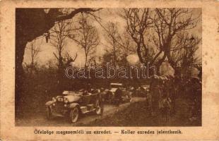 Őfelsége megszemléli az ezredet, Koller ezredes jelentkezik / WWI Hungarian military card, the king and the colonel, automobiles (Rb)