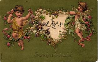 Greeting card, angels, golden decoration floral Emb. litho